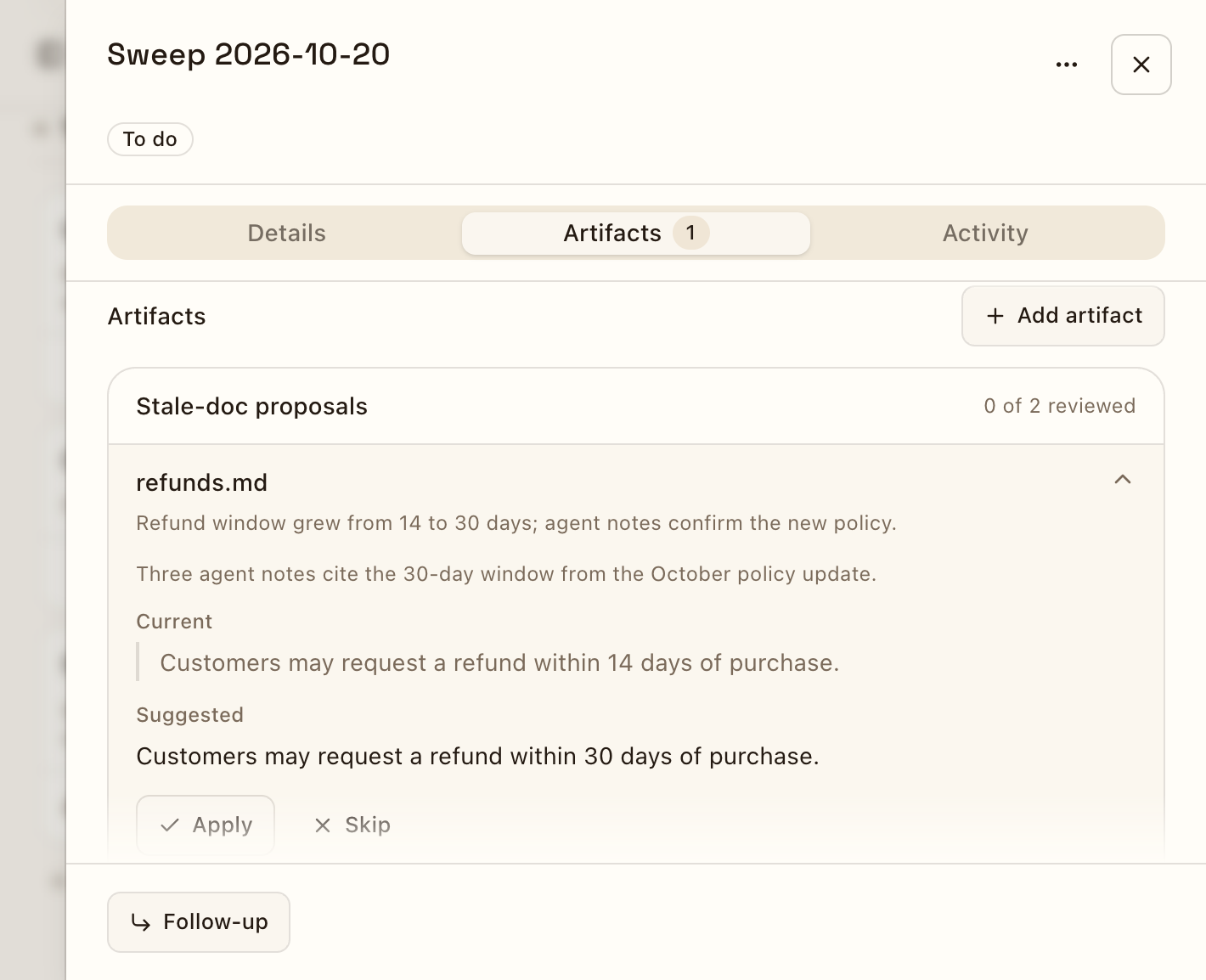 Sweep task card on the Artifacts tab, showing one stale-doc proposal with its current and suggested text and Apply and Skip buttons.